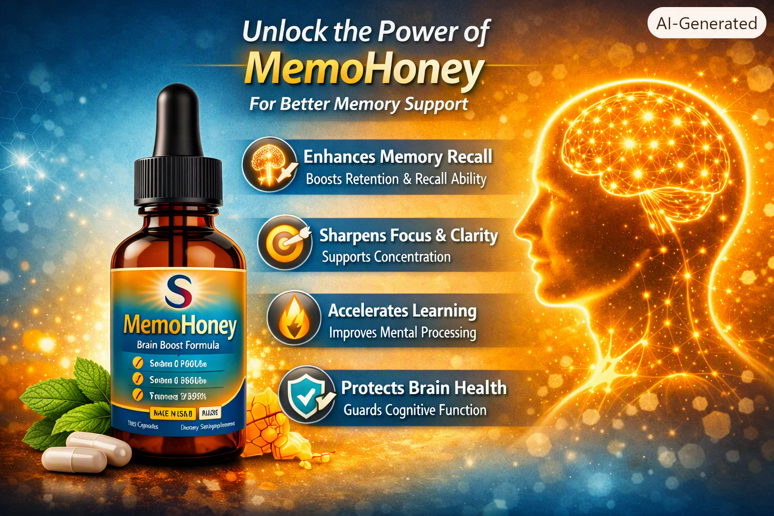 Diagram showing how MemoHoney supports memory recall, focus, learning and brain health