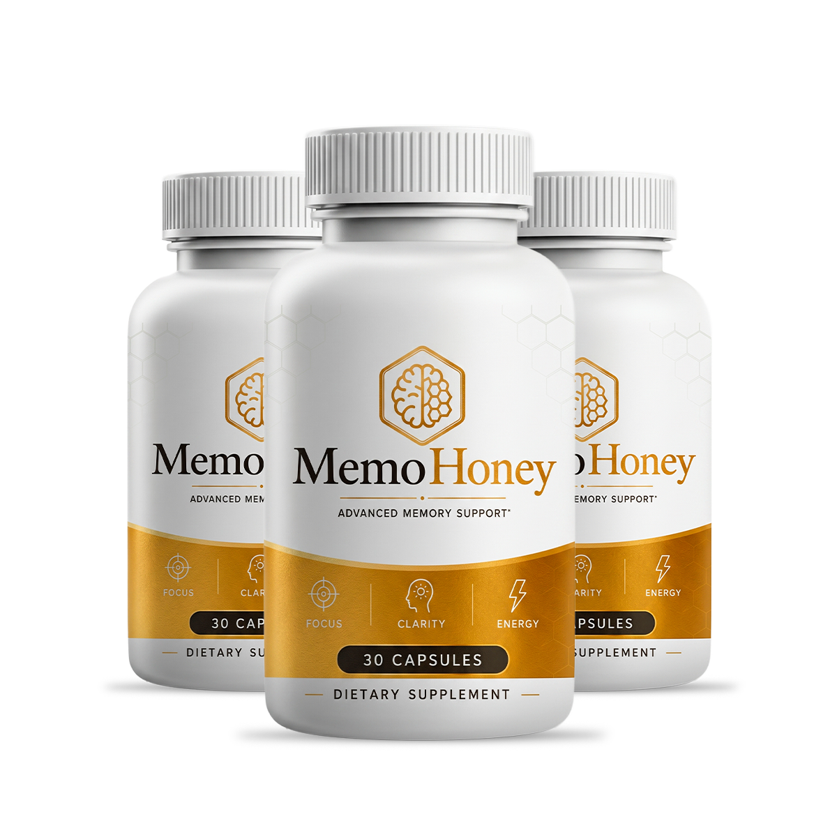 Three bottles of MemoHoney advanced memory support capsules
